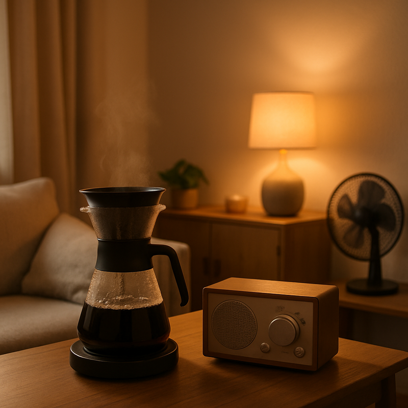 Een gezellige, minimalistische woonruimte in Nederland met een zacht verlichte sfeerlamp, een koffiezetapparaat dat stoomt en een kleine radio, wat de gemakken van een slimme stekker in een compact huis illustreert.