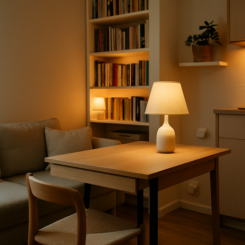 Een sfeervolle, compacte Nederlandse eet- en leeshoek met een slimme tafellamp op een uitschuifbare eettafel en een verlichte boekenkast, geoptimaliseerd met slimme stekkers.