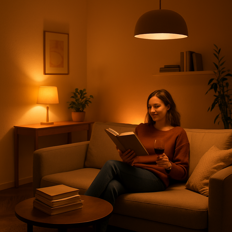 Een warme, sfeervolle verlichting in een kleine, moderne Nederlandse woonkamer. Een persoon leest ontspannen op een bank met een glas wijn, omringd door zacht geel en oranje licht dat de ruimte gezellig maakt.