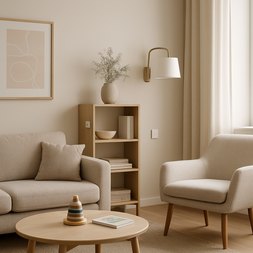 Een rustige, modern ingerichte woonkamer met lichte meubels en planten, waar kleine, onopvallende slimme apparaten discreet zijn geplaatst op planken en muren, bijdragend aan een opgeruimde uitstraling.