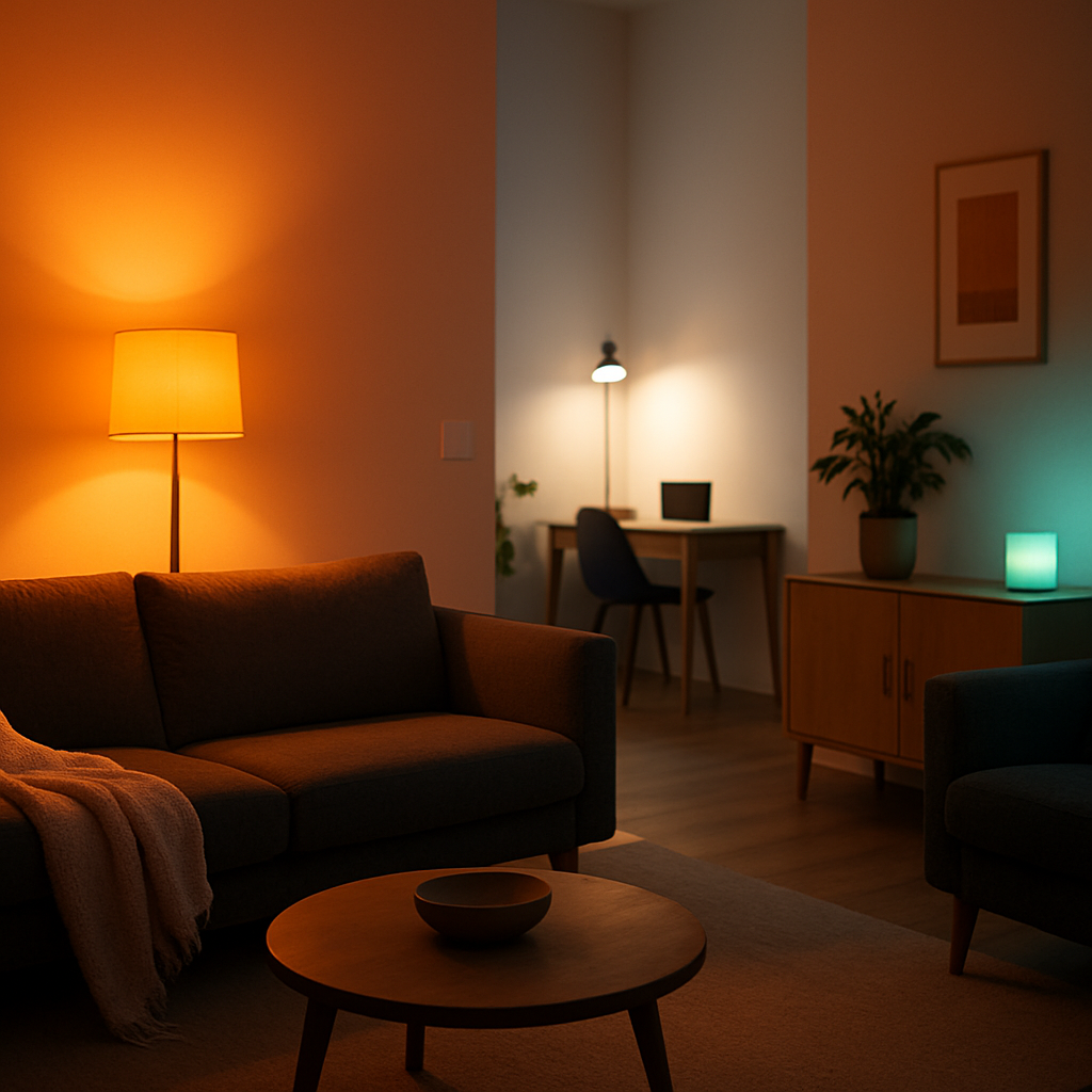Een sfeervolle, moderne woonkamer met diverse lichtkleuren. Een deel van de kamer is verlicht met warm oranje licht, een ander deel met neutraal wit licht en een subtiel blauwgroen licht in de achtergrond, wat verschillende stemmingen oproept.