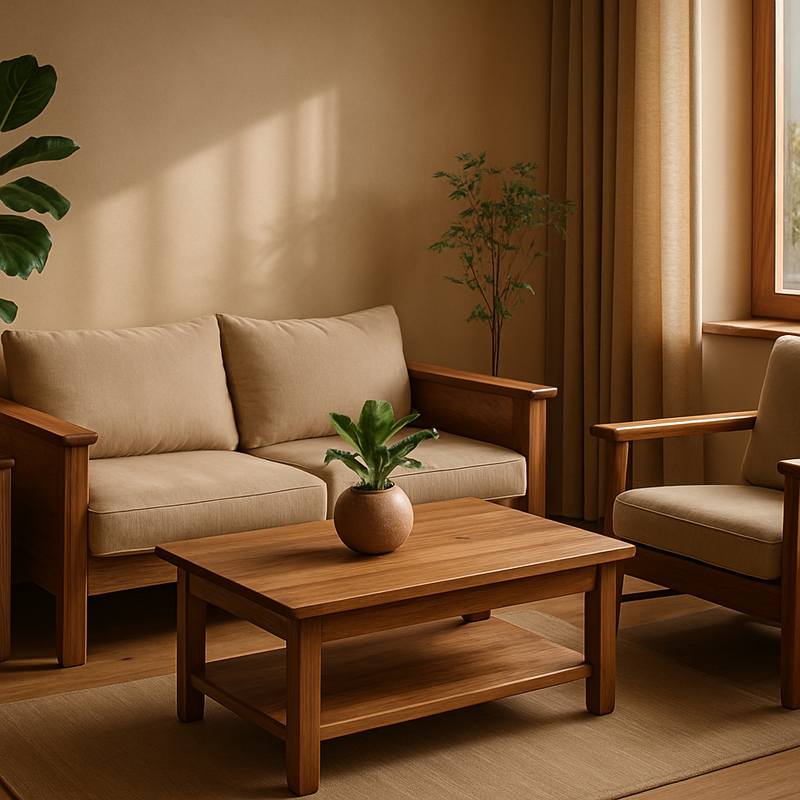 Woonkamer met handgemaakte houten meubels in warme aardetinten en natuurlijke materialen