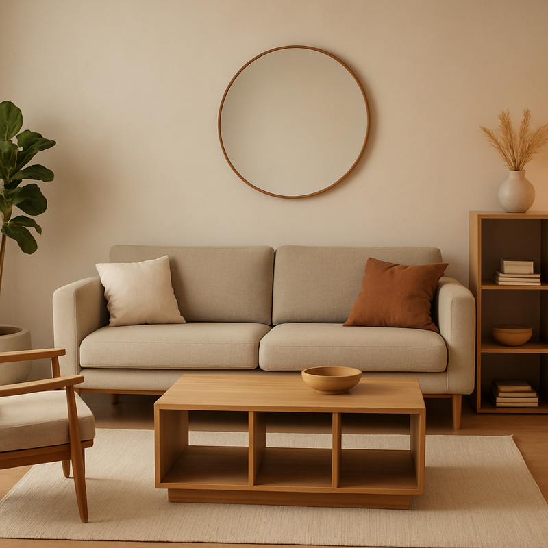 Moderne woonkamer met vintage meubels en modulaire zitopstelling in Scandinavische stijl