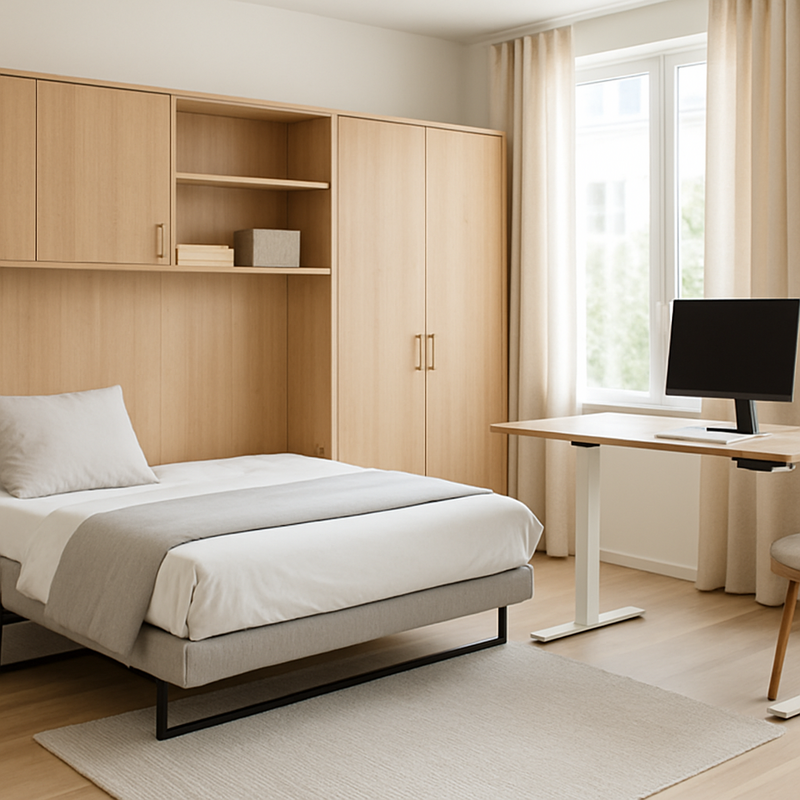 Moderne woonkamer met verstelbaar modulaire meubels, elektrisch zit-sta-bureau en opbergruimte