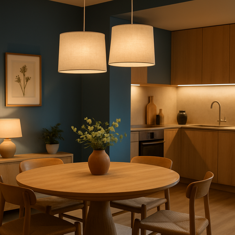 Moderne keuken en eetruimte met slimme verlichting en ronde houten tafel, sfeervol ingericht.