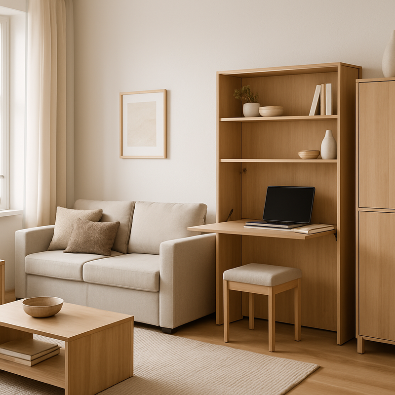 Moderne woonkamer met multifunctionele meubels en opbergruimte in neutrale kleuren