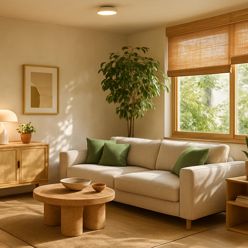 Woonkamer met circulair meubilair, natuurlijke materialen en energiezuinige LED-verlichting