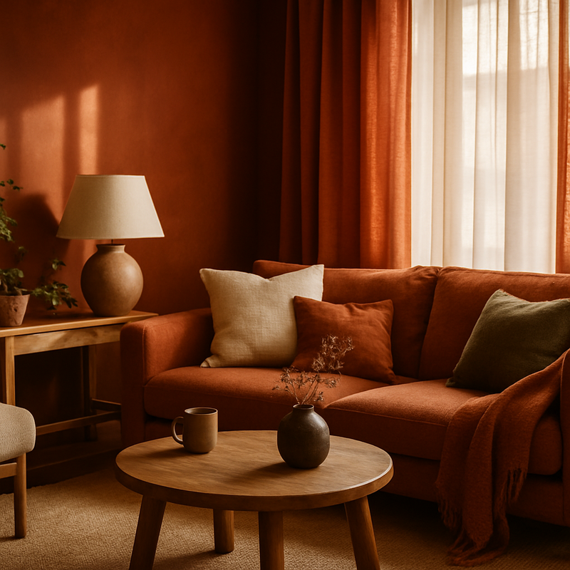 Gezellige woonkamer met diepe kleuren, houten meubels en sfeervol gefilterd licht door gordijnen