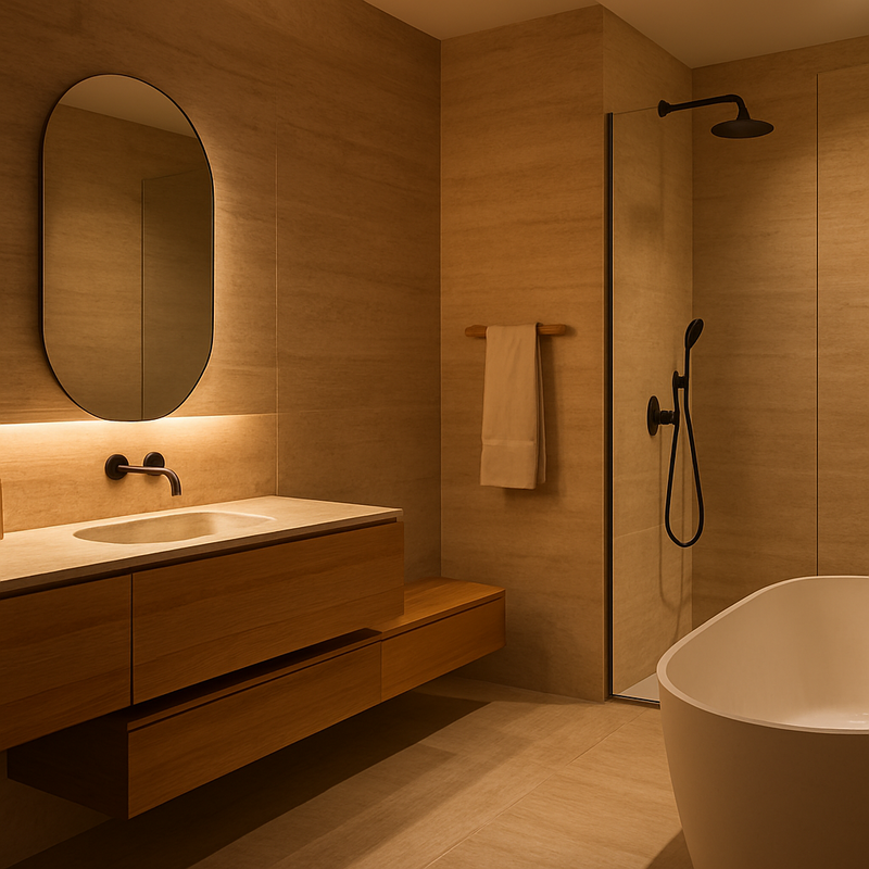 Stijlvolle badkamer in warm minimalistische stijl met natuurlijke materialen en onzichtbare technologie