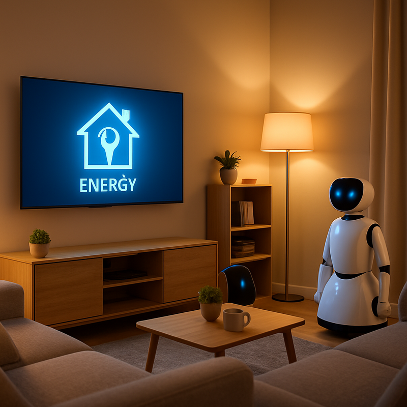 Moderne woonkamer met ultra-platte smart TV, slimme verlichting en AI-huishoudrobot, illustratie van slimme woningtechnologie.