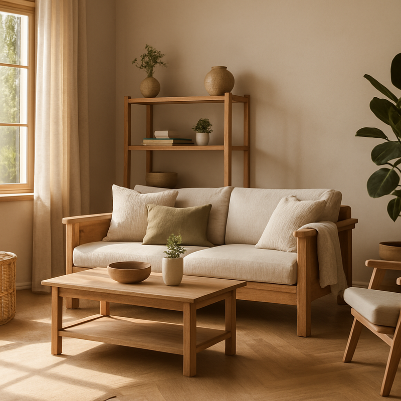 Moderne woonkamer met ecologische houten meubels, natuurlijke stoffen en veel daglicht