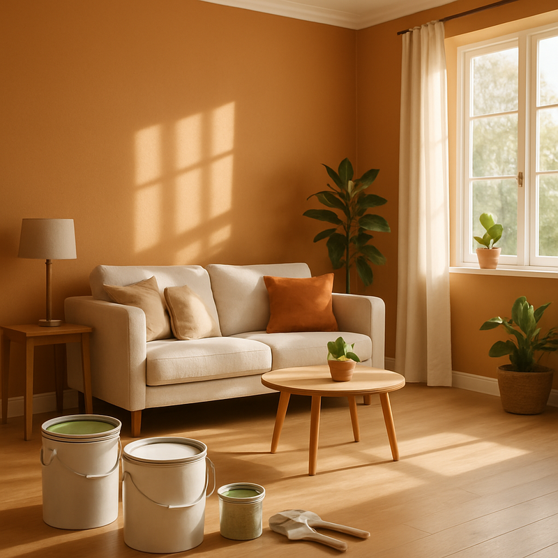 Moderne woonkamer met warme, duurzaam geverfde muren en verfmaterialen