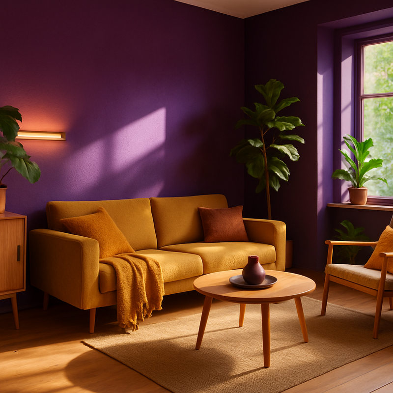 Woonkamer met paarse muren, groene planten en oker accenten in Scandinavisch interieur