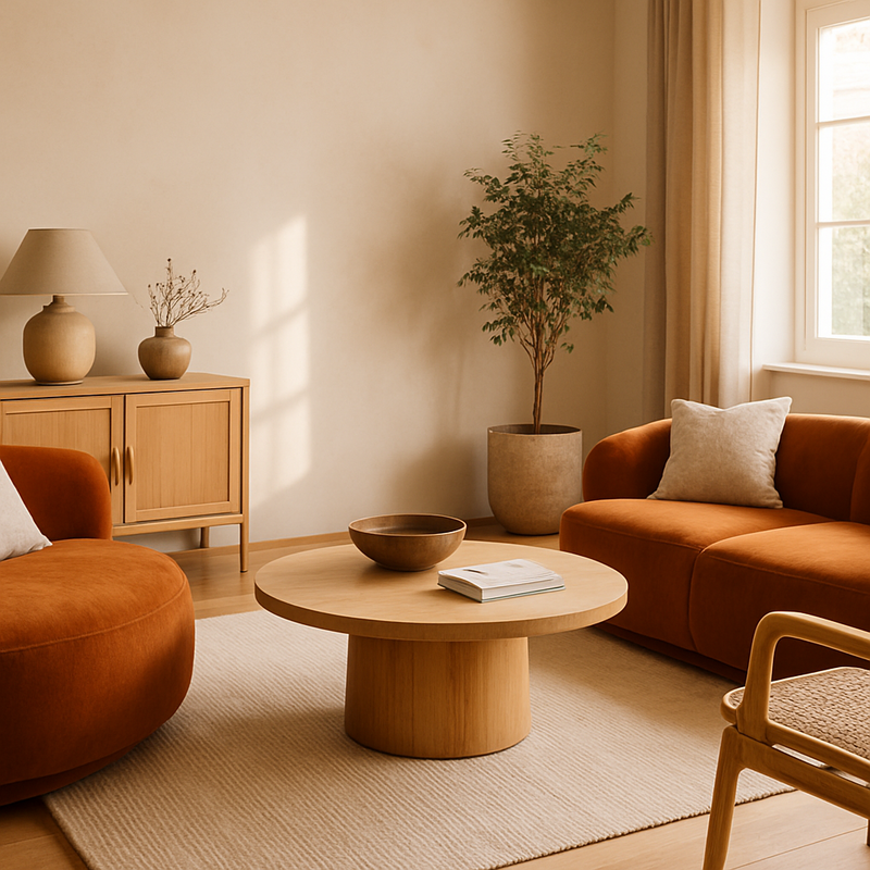 Modern woonkamer interieur met ronde velvet bank en houten meubels in warme sfeer