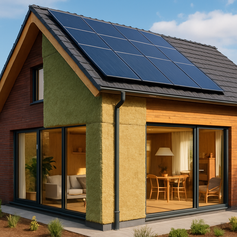 Eco-vriendelijke moderne woning met biobased isolatie en zonnepanelendak in Nederland