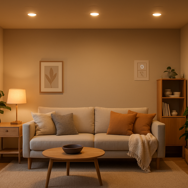 Woonkamer met dimbare LED-verlichting en Scandinavische inrichting, toont energie-efficiënte lampen