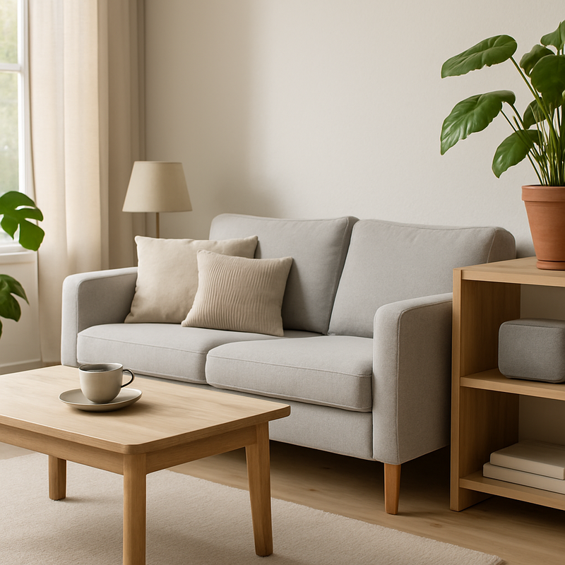 Modern Scandinavisch interieur met compacte draadloze luidspreker op een houten plank.