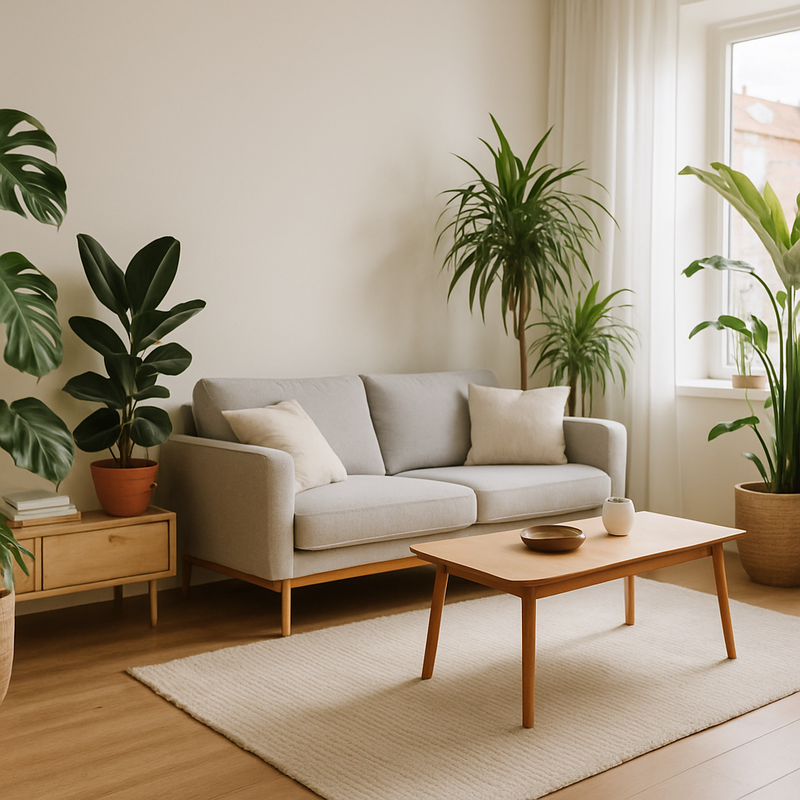 Lichte woonkamer met grote groene kamerplanten en Scandinavisch minimalistisch interieur
