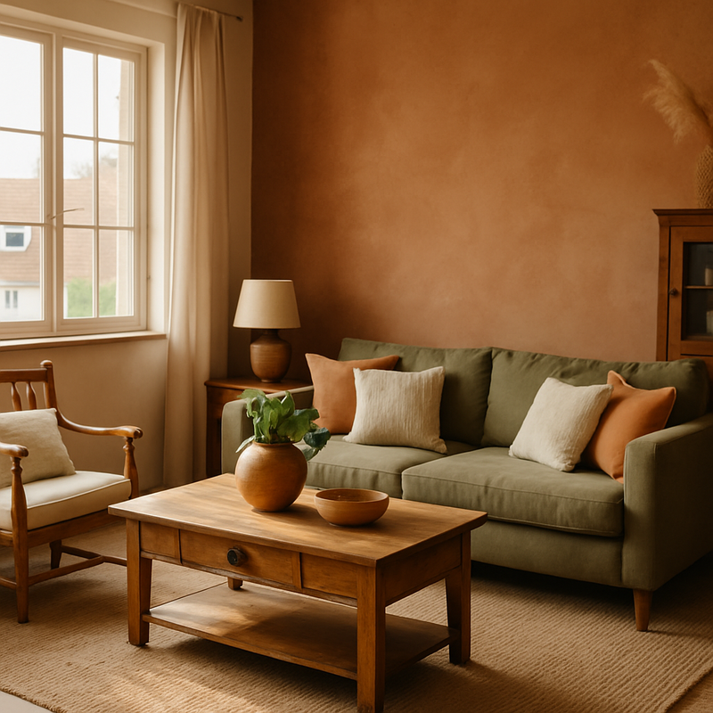 Woonkamer met vintage houten meubels, terracotta en olijfgroene accenten, natuurlijke materialen en warm licht