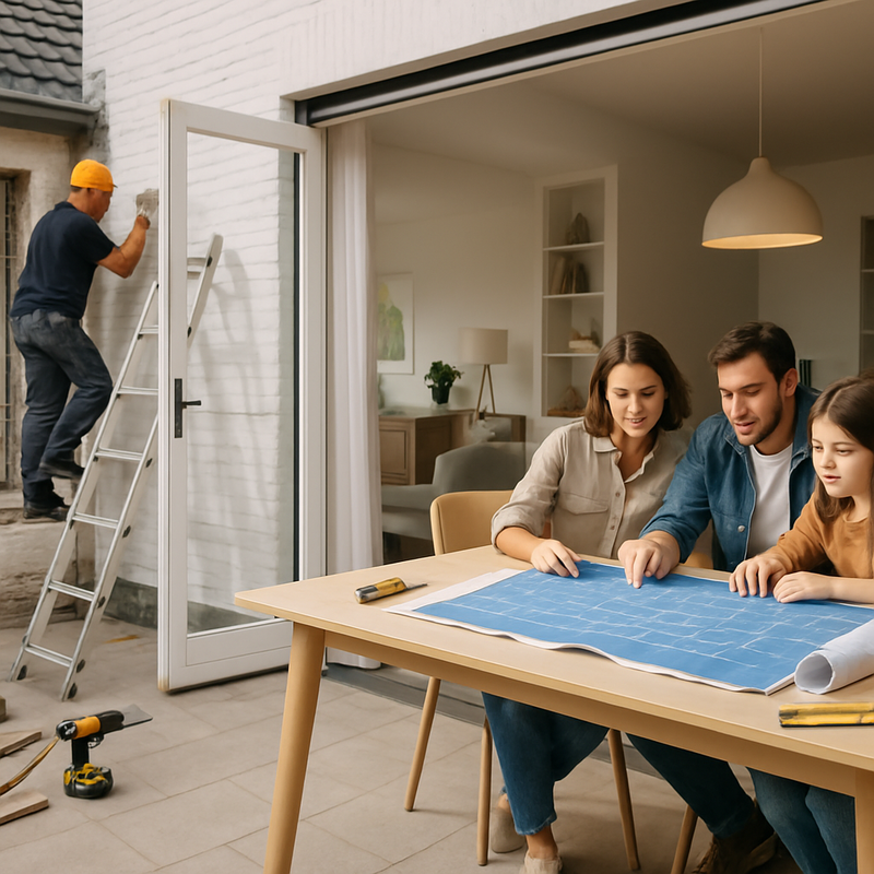 Gezin bekijkt renovatieplannen in moderne woning met aannemers actief buiten