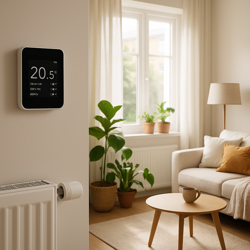 Smart thermostaat display in modern interieur met radiatorknop en zoneregeling