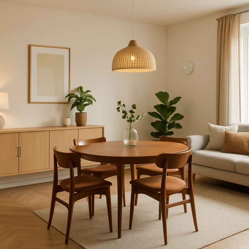 Modern interieur met duurzame en retro elementen, inclusief slim verlichte eetkamer en energiezuinige woninginrichting.