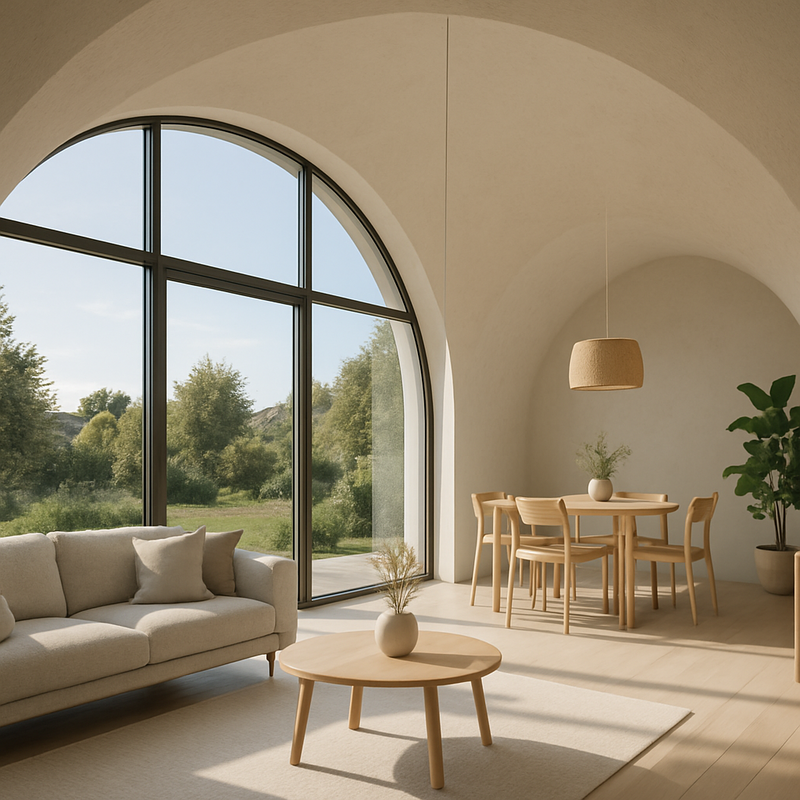 Een moderne koepelvormige woning met grote ramen die natuurlijk licht binnenlaten, geïnspireerd op Zweedse duurzame ontwerpprincipes.