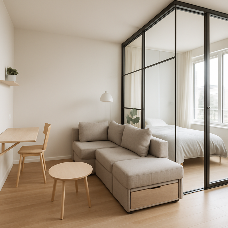 Moderne compacte woonkamer met multifunctionele meubels en glazen scheidingswanden in Scandinavische stijl