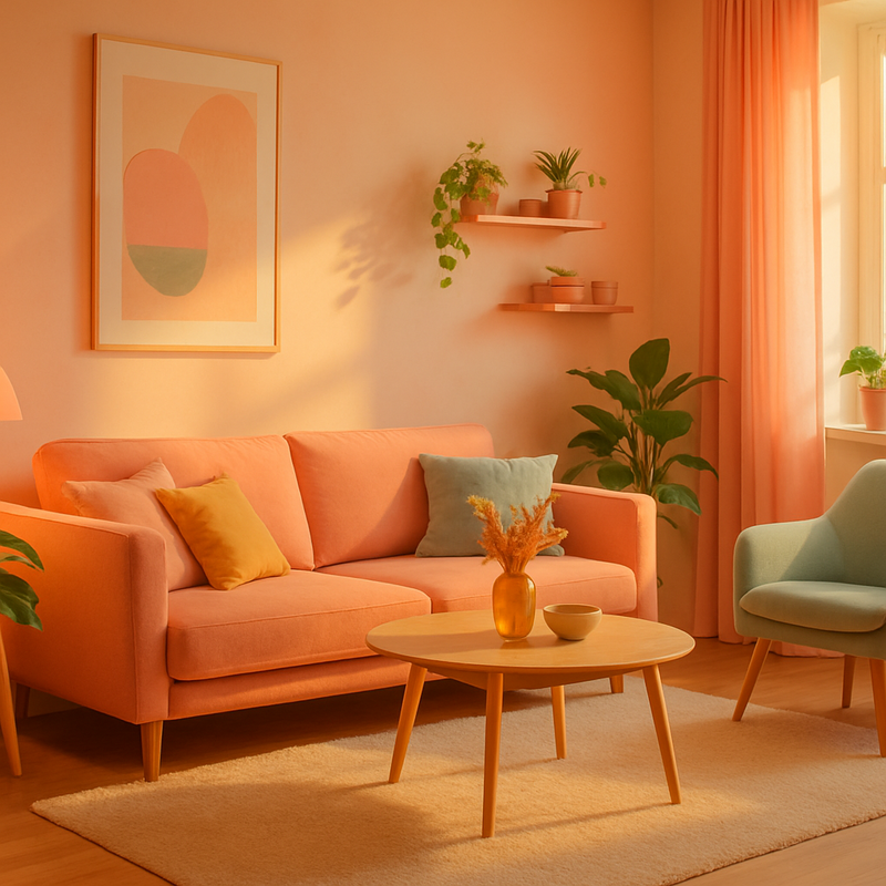 Moderne woonkamer met warme pasteltinten en Scandinavisch design, verlicht met zachte verlichting