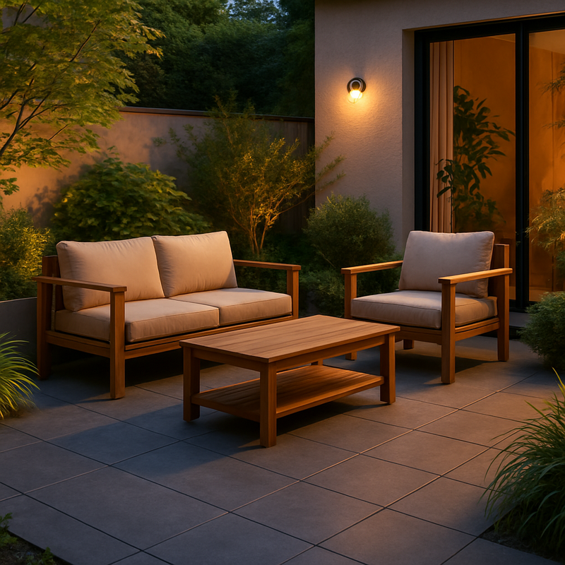 Duurzame tuin met grote keramische tegels, houten tuinmeubels en groen in warme Japandi stijl