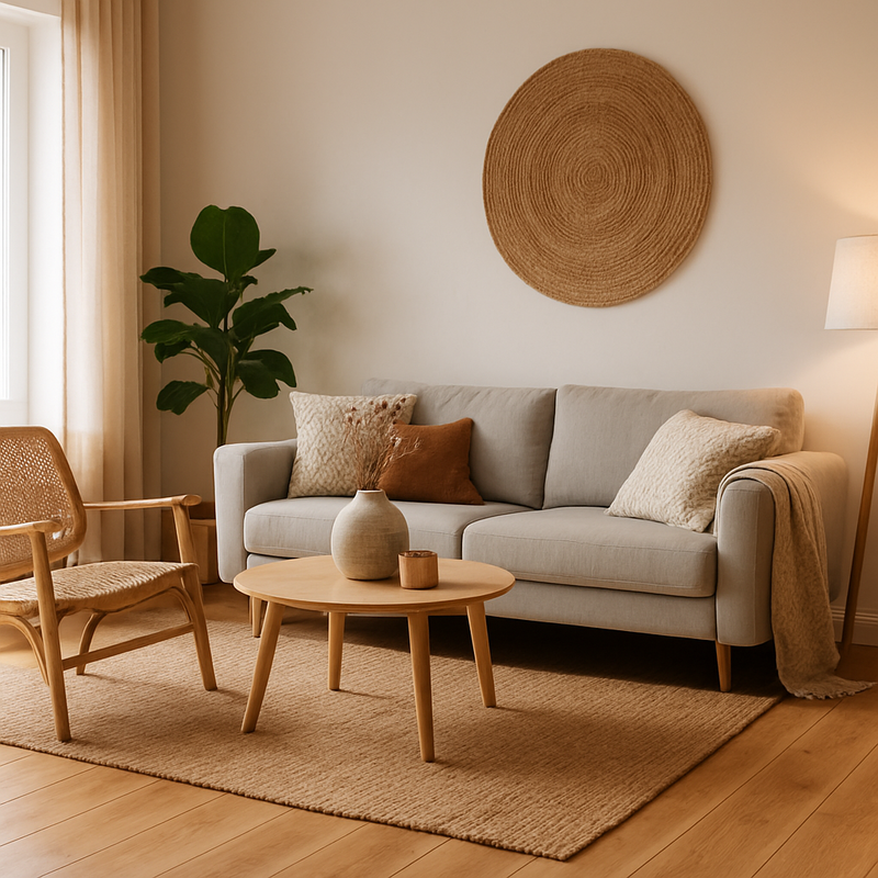 Woonkamer met warme aardse houten vloer en natuurlijke texturen