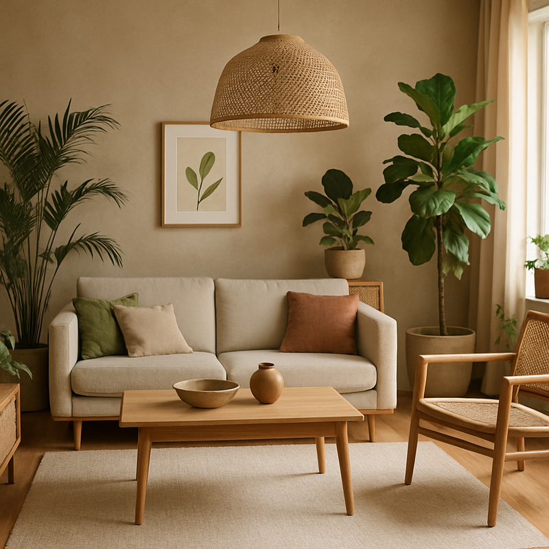 Modern interieur met hout, groen en minimalistisch design dat gezondheid en welzijn bevordert