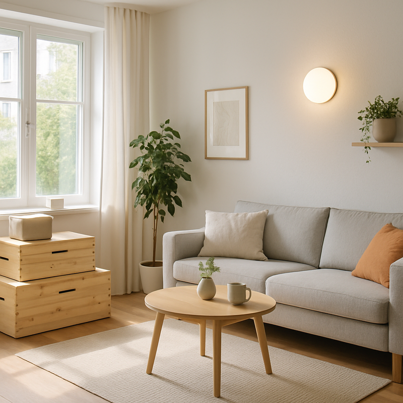 Modern Scandinavisch interieur met duurzame houten opbergkisten en energiezuinige LED-verlichting