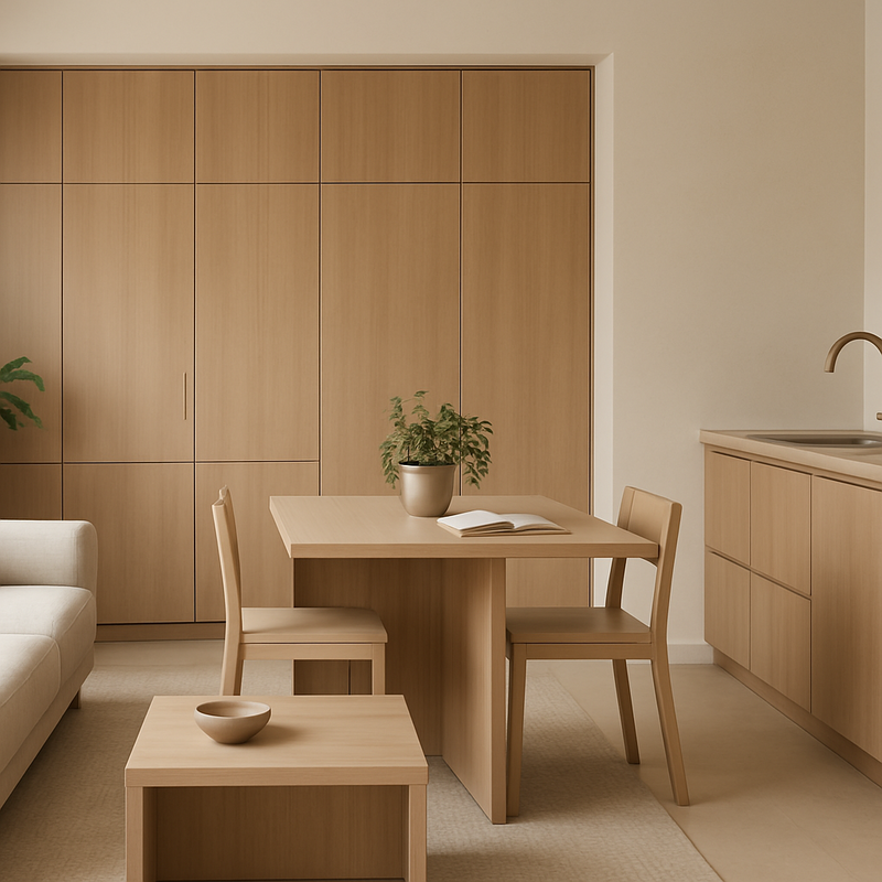 Minimalistisch interieur met multifunctionele meubels, dichte kasten en messing accenten in een lichte woonkamer