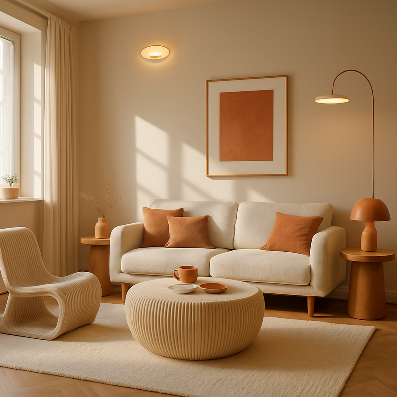 Woonkamer met slimme verlichting en 3D-geprinte meubels in zachte neutrale tint Cloud Dancer