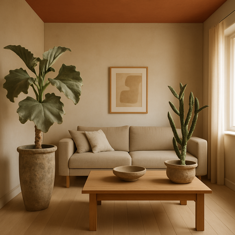 Moderne woonkamer met vintage limestone plantenpotten en sculpturale planten in minimalistisch design