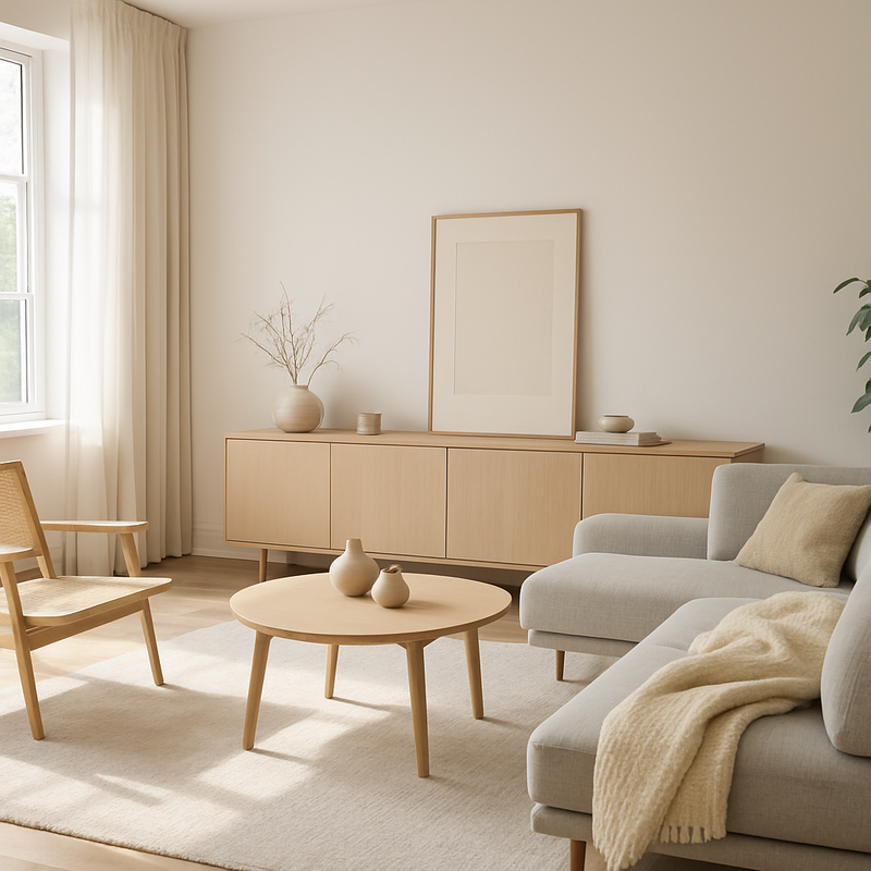 Moderne woonkamer met lage kasten en ruimtebesparend interieur