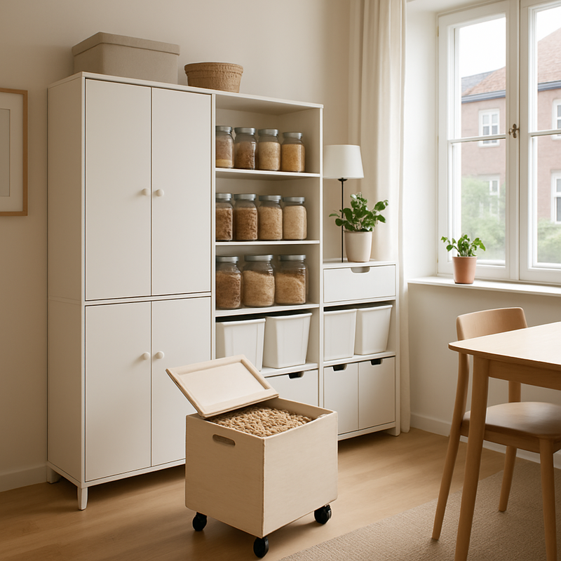 Moderne kleine woning met modulaire opslag, pelletbox en glazen potten