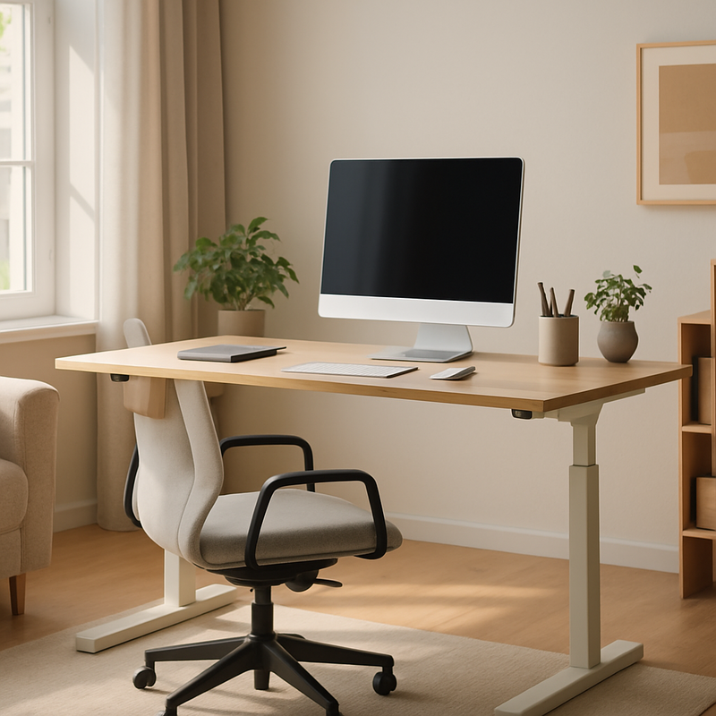Ergonomische thuiswerkplek met verstelbaar bureau en minimalistische inrichting in woonruimte