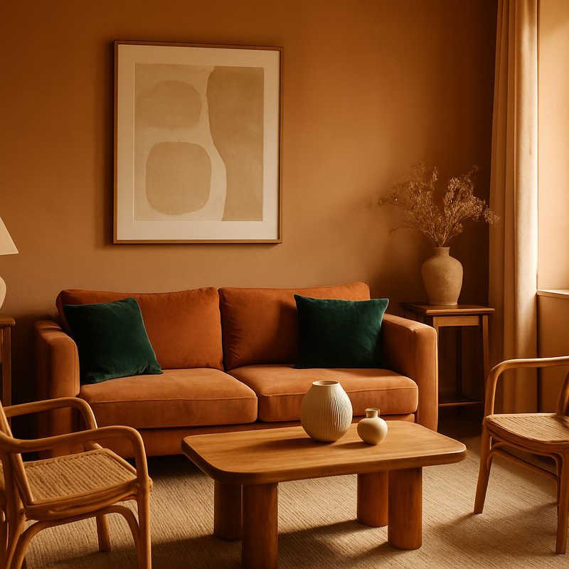 Woonkamer met warme karamelkleurige muren, groene fluwelen kussens, vintage houten meubels en rotan stoelen