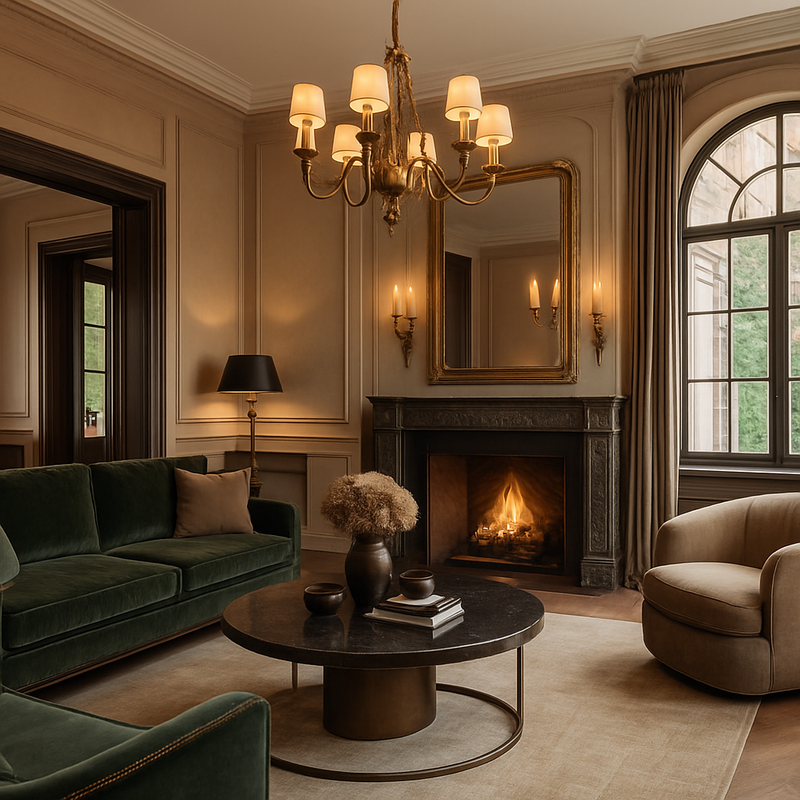 Luxe interieur waarin klassieke en moderne elementen gecombineerd zijn met brons en fluweel in een ruime villa