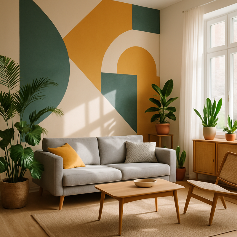 Modern interieur met groene planten en geometrische patronen aan de muur