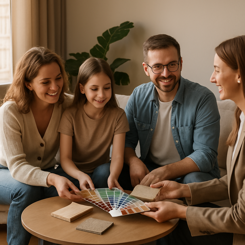 Gezin bespreekt interieurontwerp met ontwerper in lichte, moderne woonkamer