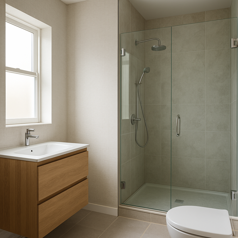 Moderne badkamer met een frameloze glazen douchedeur en vloer tot plafond ramen met lichte behangtextuur