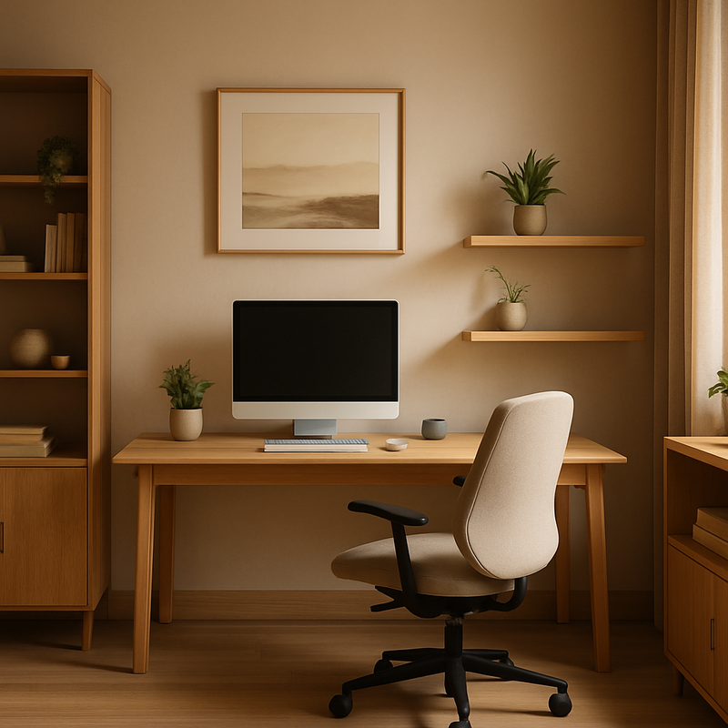 Modern thuiskantoor met natuurlijke houten meubels, warme aardetinten en ergonomische inrichting