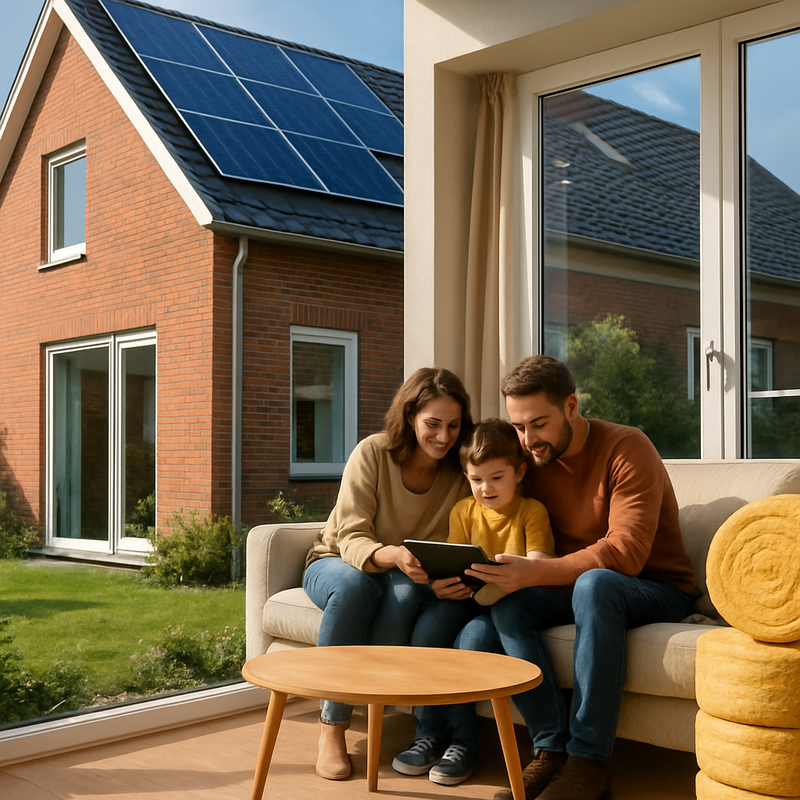 Moderne Nederlandse woning met dubbel glas en zonnepanelen, gezin bekijkt verbeterplan met tablet in lichte woonkamer