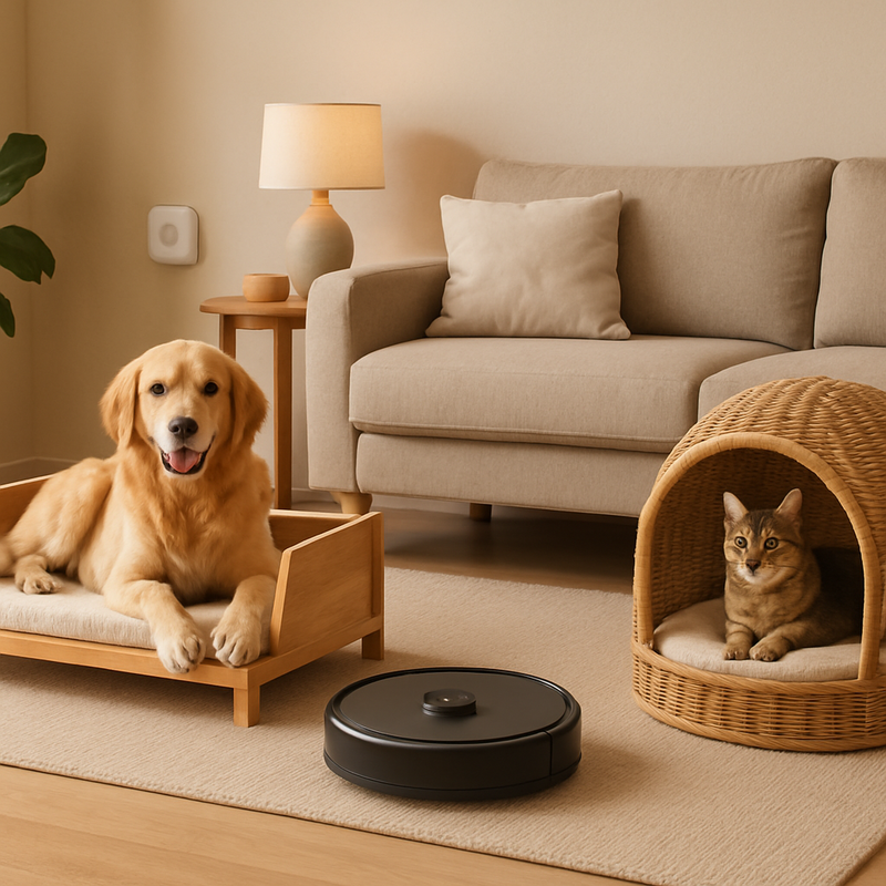 Moderne woonkamer met natuurlijke pet-meubels en slimme robotstofzuiger naast hond en kat