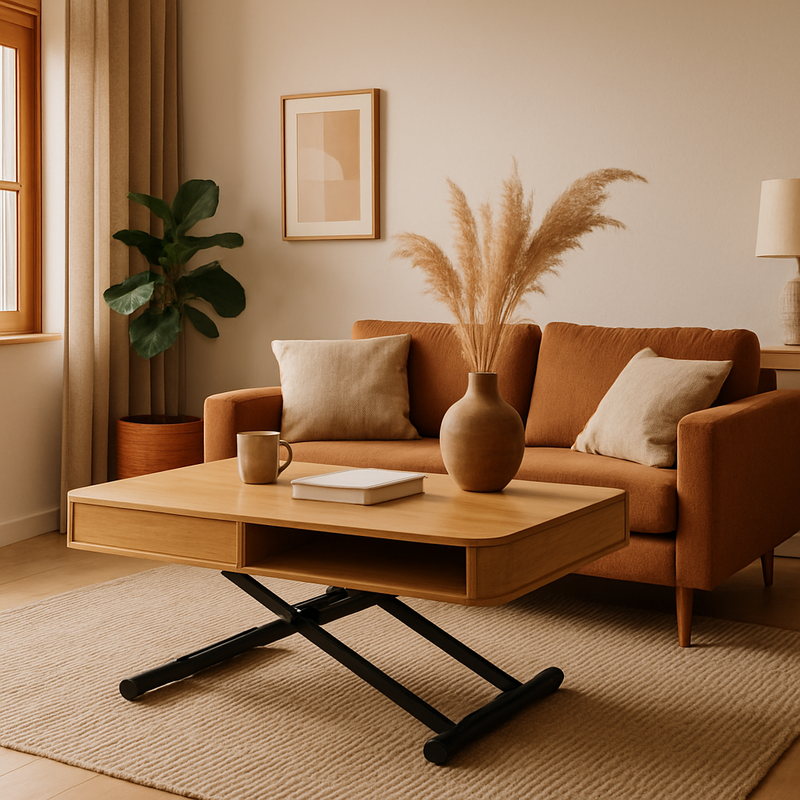 Moderne Nederlandse woonkamer met multifunctionele retro geïnspireerde tafel en natuurlijke verlichting