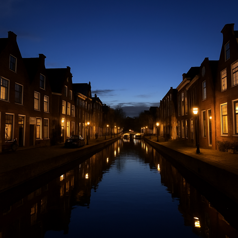 Een brede avondopname van een kalme gracht omringd door historische gebouwen in Nederland, verlicht door zachte straatverlichting en warme raamverlichting, met details bewaard in de schaduwen.