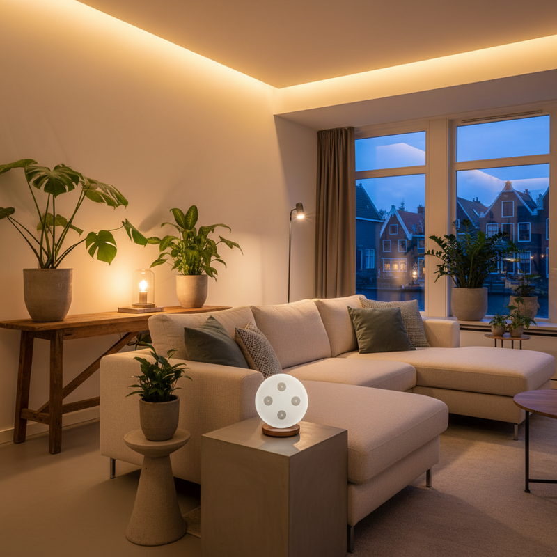 Een moderne, sfeervol verlichte woonkamer in een Nederlands huis met zachte Philips Hue verlichting, planten en een onopvallende slimme schakelaar.